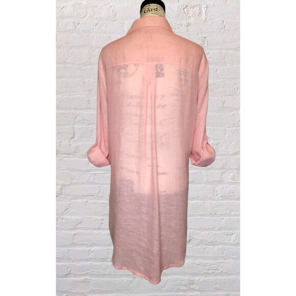 Tahari Linen Tunic Shirt Dress MED Pink Roll Tab Sleeve Lagenlook MOP Buttons - Picture 5 of 8
